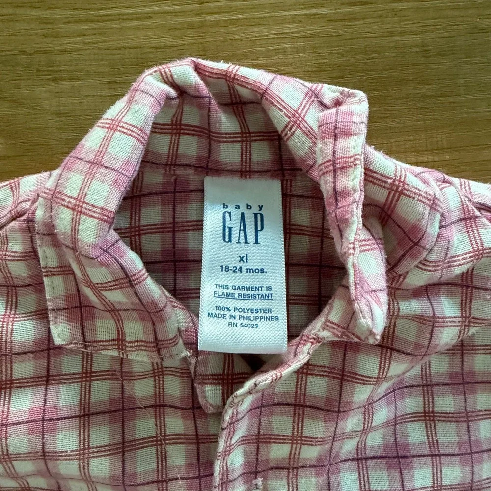 Baby Gap Vintage 2001 Pink Plaid Pajama Top Flower Buttons 18-24 Months XL